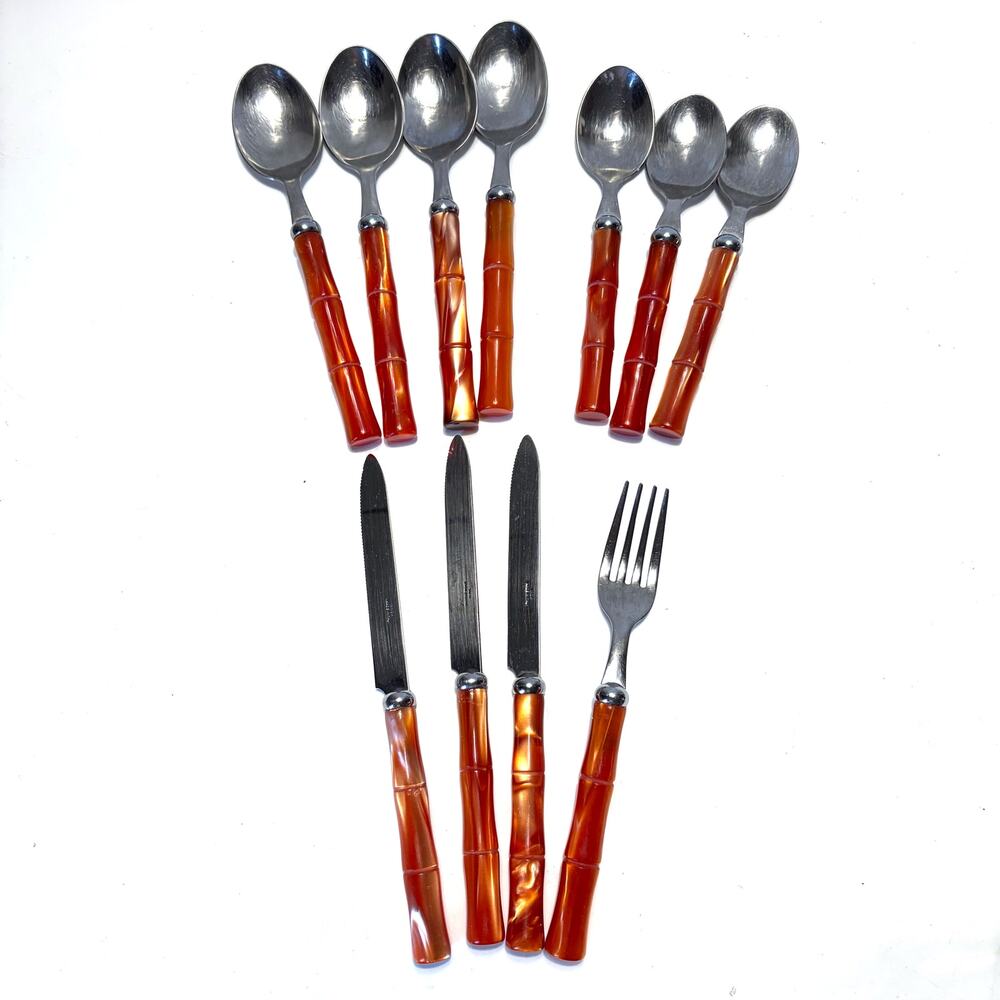 Vintage Italian Bamboo Flatware Set, Inox, Amber Resin, Mid Century